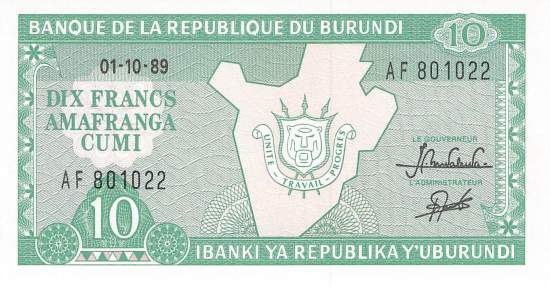 Burundi p33b 10 Francs 1989